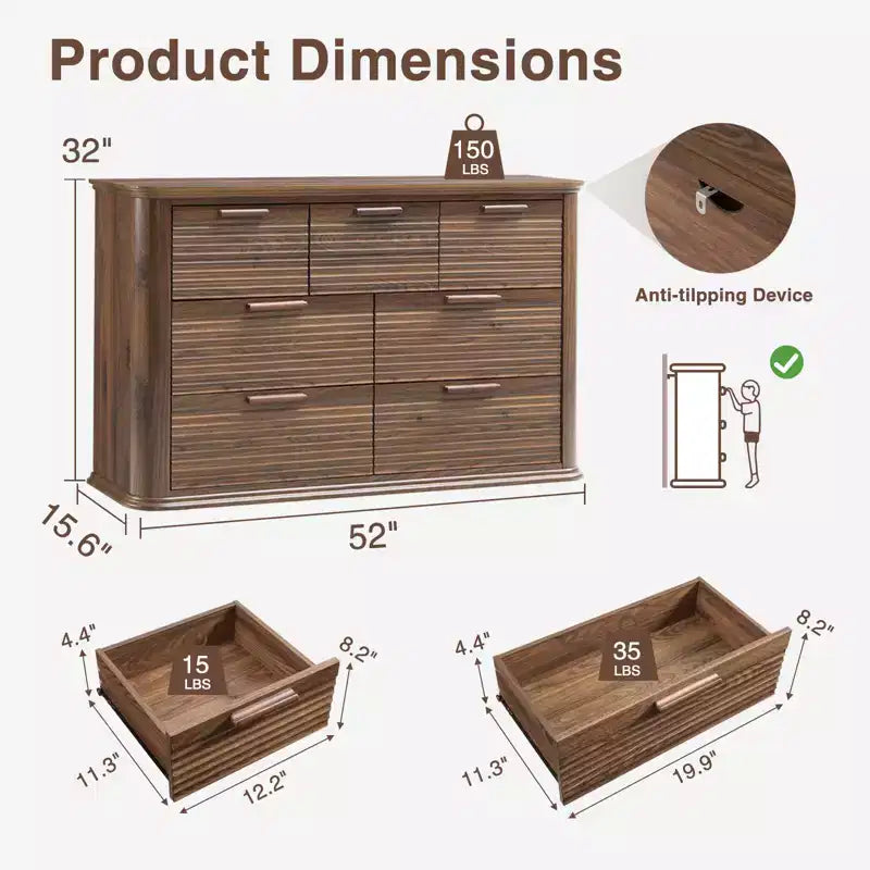 JVNOXK Mobile moderno in legno a sette cassetti da 52 pollici, adatto per la camera da letto, con design a contorno curvo, mobile contenitore per il soggiorno, Noce