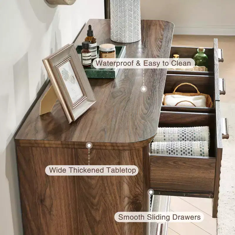 JVNOXK Mobile moderno in legno a sette cassetti da 52 pollici, adatto per la camera da letto, con design a contorno curvo, mobile contenitore per il soggiorno, Noce