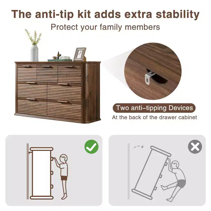 JVNOXK Mobile moderno in legno a sette cassetti da 52 pollici, adatto per la camera da letto, con design a contorno curvo, mobile contenitore per il soggiorno, Noce