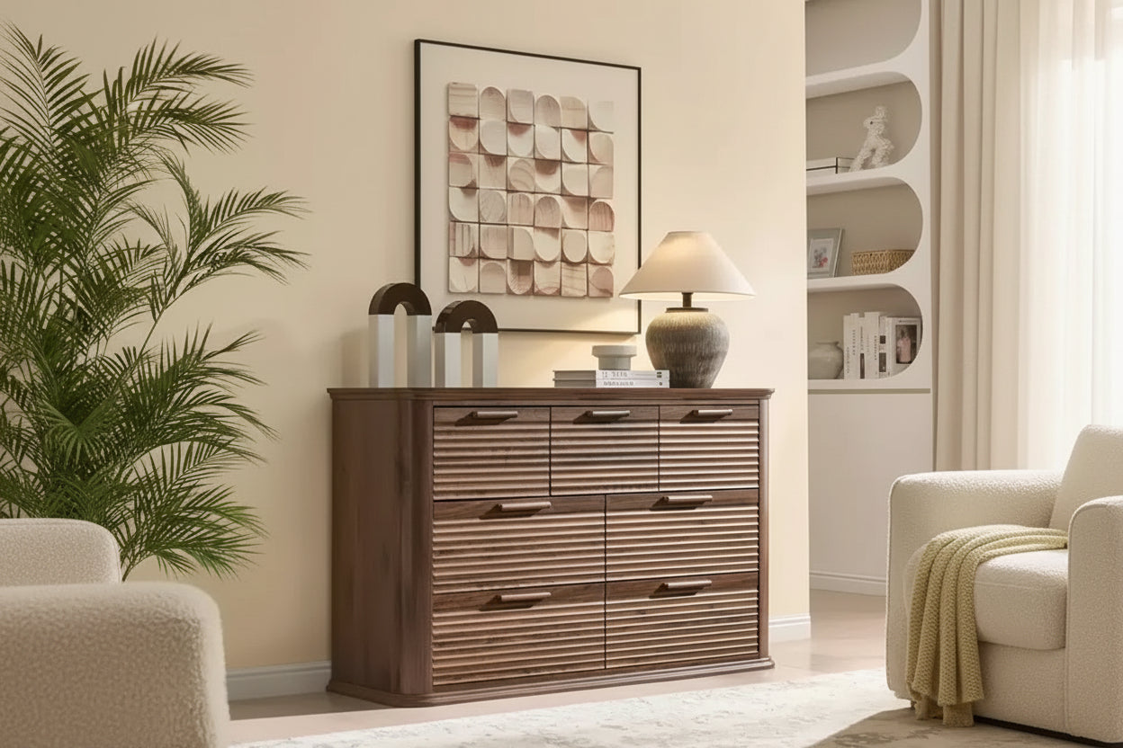 JVNOXK Mobile moderno in legno a sette cassetti da 52 pollici, adatto per la camera da letto, con design a contorno curvo, mobile contenitore per il soggiorno, Noce