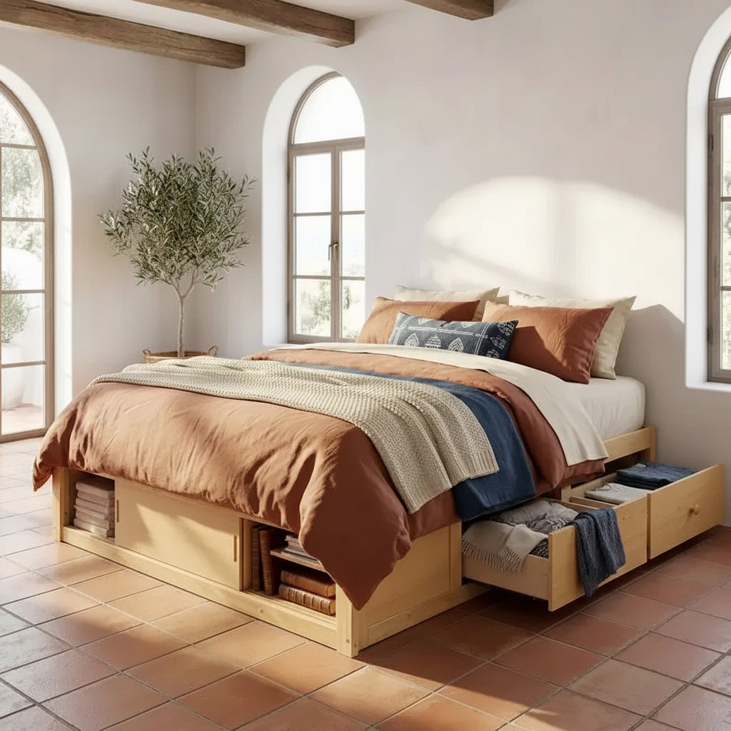 Struttura letto a piattaforma Whisen Queen con 4 cassetti e contenitore nella pediera