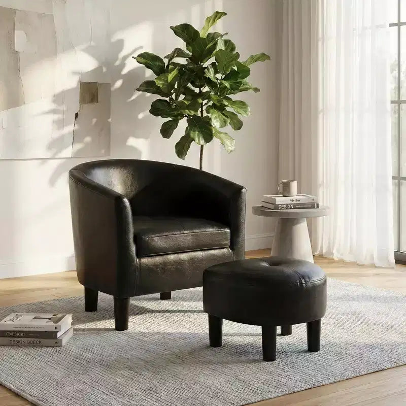 GDFStudio Nolan Contemporary Faux Leather Upholstered Barrel Back Accent Chair with Ottoman Set