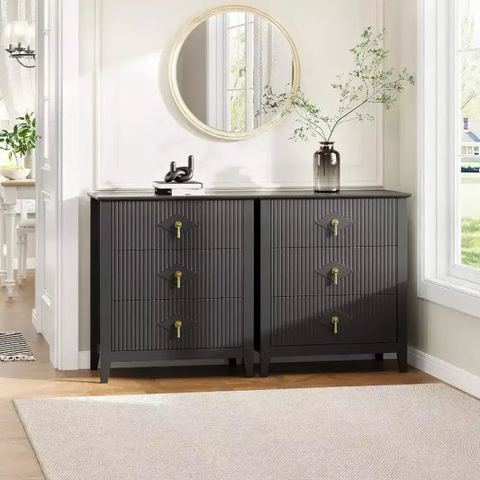 2Pcs Wood Nightstand Fluted Dresser for Bedroom, 3-Drawer Bedside Tables, Modern Chest of Drawers, Storage End Table Living Room, Hallway, Entryway