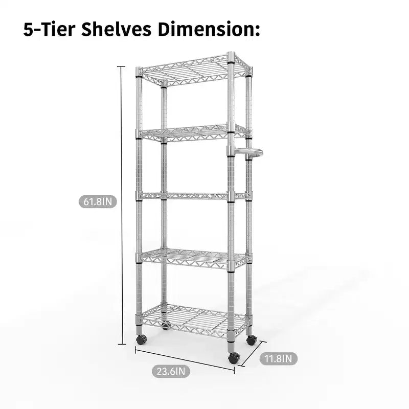 Scaffalatura Metallica a 5 Ripiani con Ruote, 1100 LBS Scaffale Regolabile in Filo Metallico con Maniglia Laterale per Appendere, Organizzatore Mobile a Ripiani