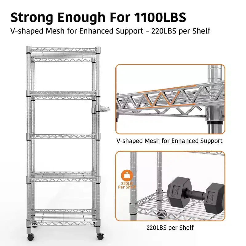 Scaffalatura Metallica a 5 Ripiani con Ruote, 1100 LBS Scaffale Regolabile in Filo Metallico con Maniglia Laterale per Appendere, Organizzatore Mobile a Ripiani
