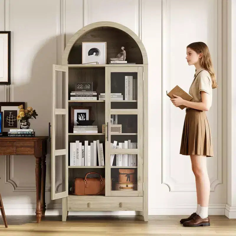 Dispensa, Mobile Contenitore da Cucina, 180 cm, Design Rustico ad Arco con Luci LED, Ripiani Regolabili e Anta in Vetro, Rovere