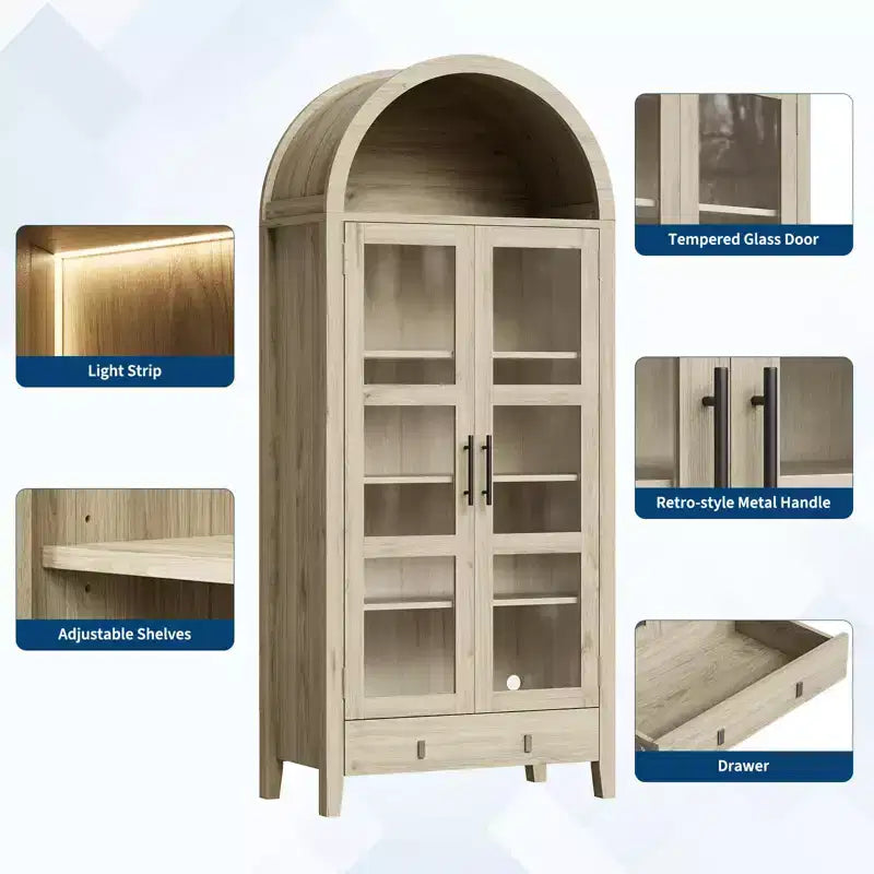 Dispensa, Mobile Contenitore da Cucina, 180 cm, Design Rustico ad Arco con Luci LED, Ripiani Regolabili e Anta in Vetro, Rovere