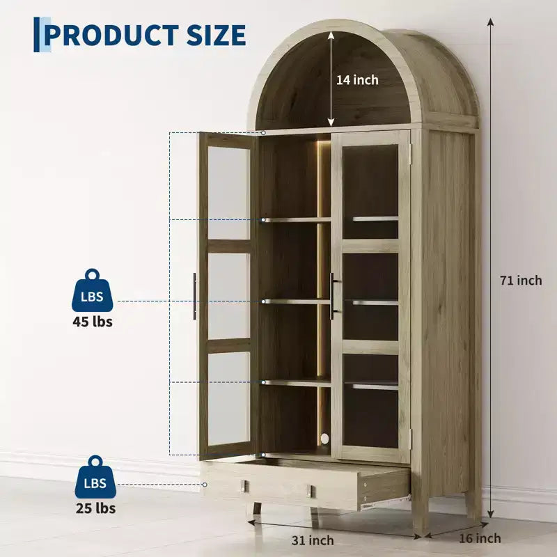 Dispensa, Mobile Contenitore da Cucina, 180 cm, Design Rustico ad Arco con Luci LED, Ripiani Regolabili e Anta in Vetro, Rovere
