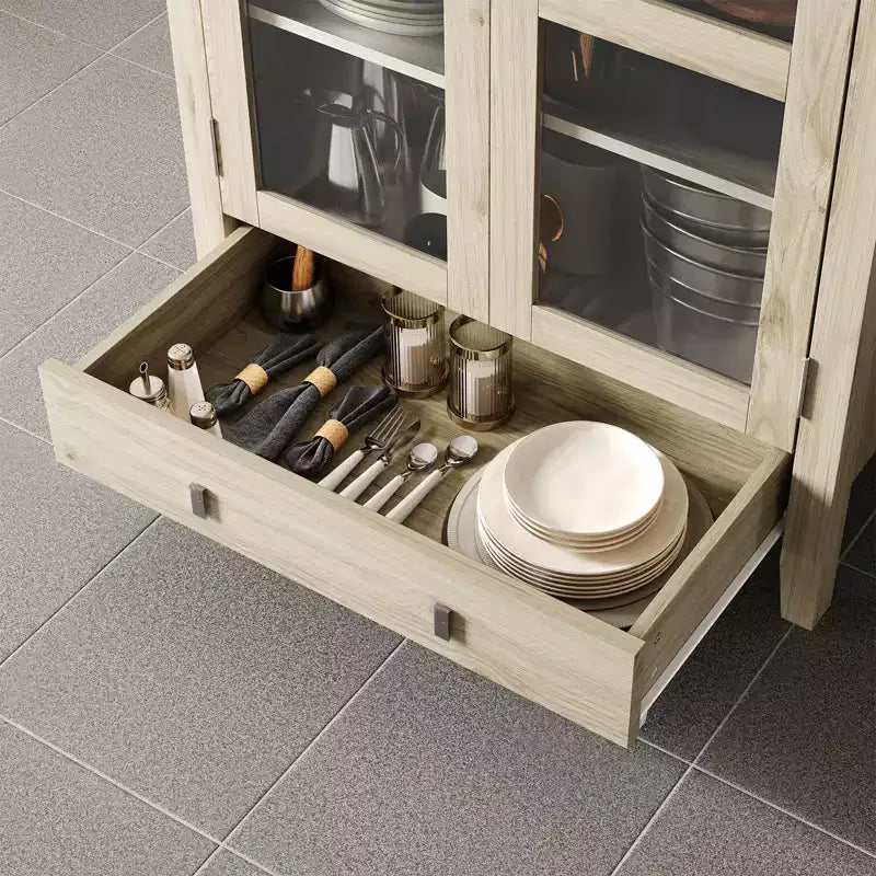 Dispensa, Mobile Contenitore da Cucina, 180 cm, Design Rustico ad Arco con Luci LED, Ripiani Regolabili e Anta in Vetro, Rovere