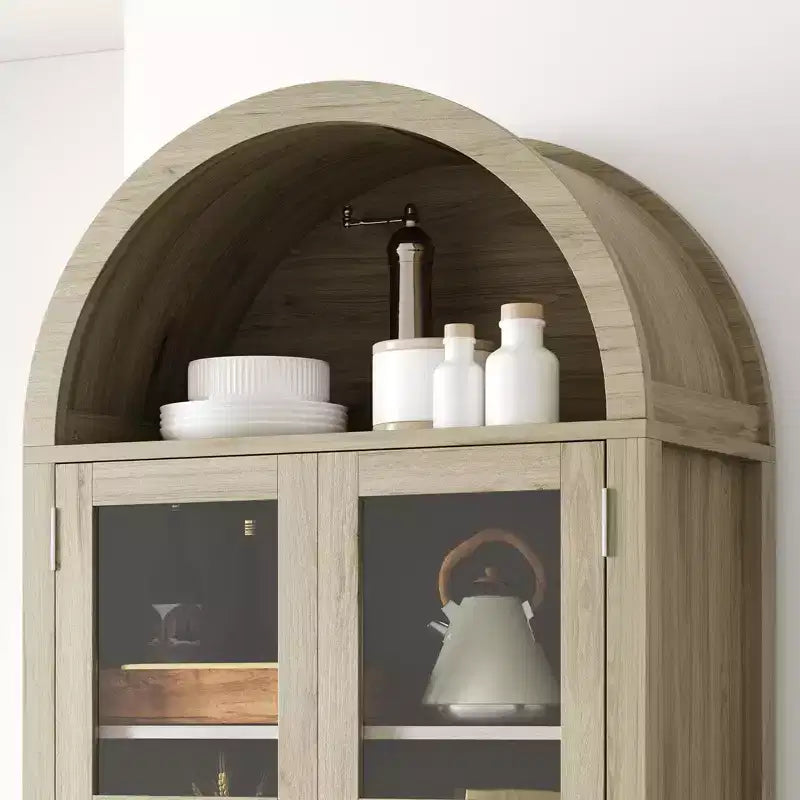 Dispensa, Mobile Contenitore da Cucina, 180 cm, Design Rustico ad Arco con Luci LED, Ripiani Regolabili e Anta in Vetro, Rovere