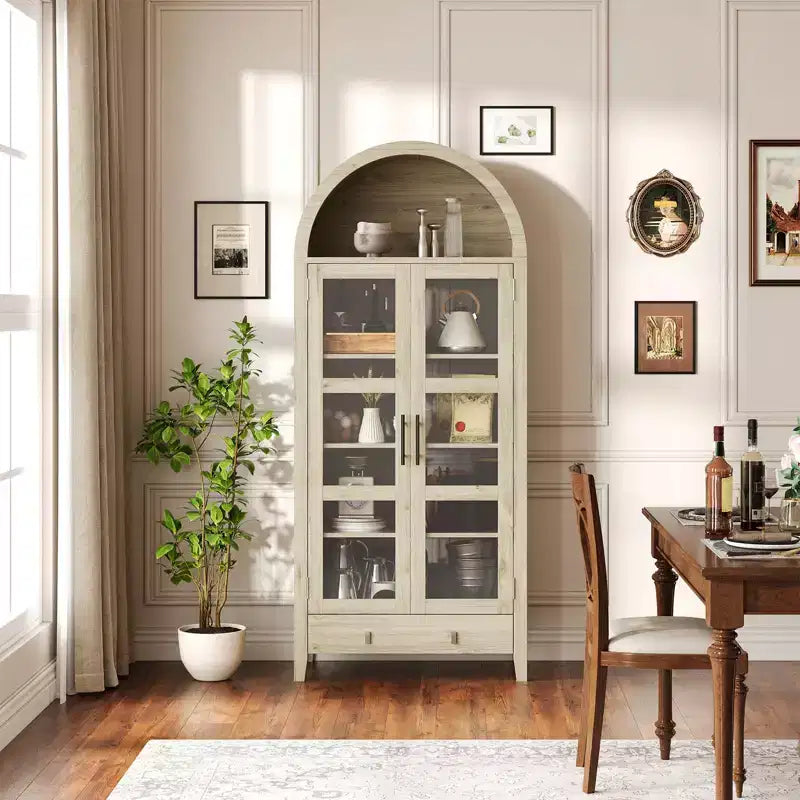 Dispensa, Mobile Contenitore da Cucina, 180 cm, Design Rustico ad Arco con Luci LED, Ripiani Regolabili e Anta in Vetro, Rovere