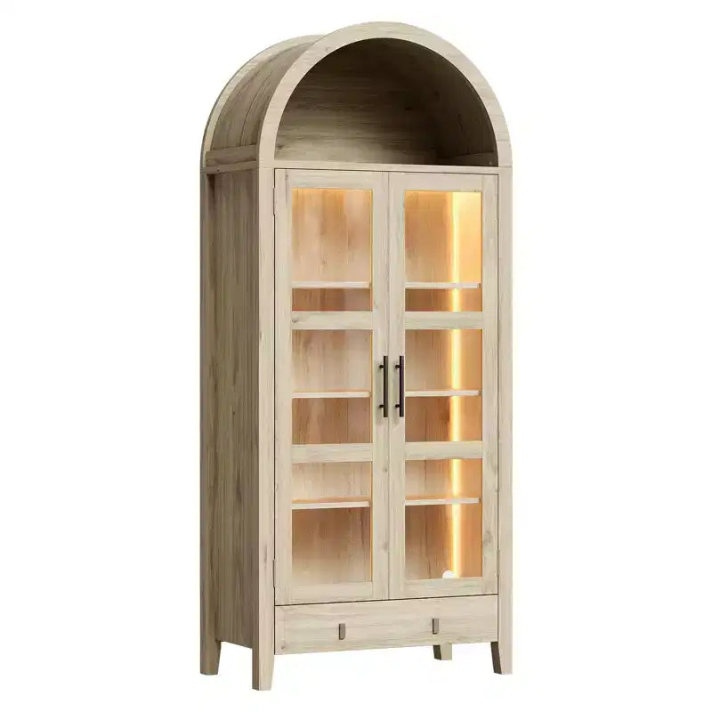 Dispensa, Mobile Contenitore da Cucina, 180 cm, Design Rustico ad Arco con Luci LED, Ripiani Regolabili e Anta in Vetro, Rovere