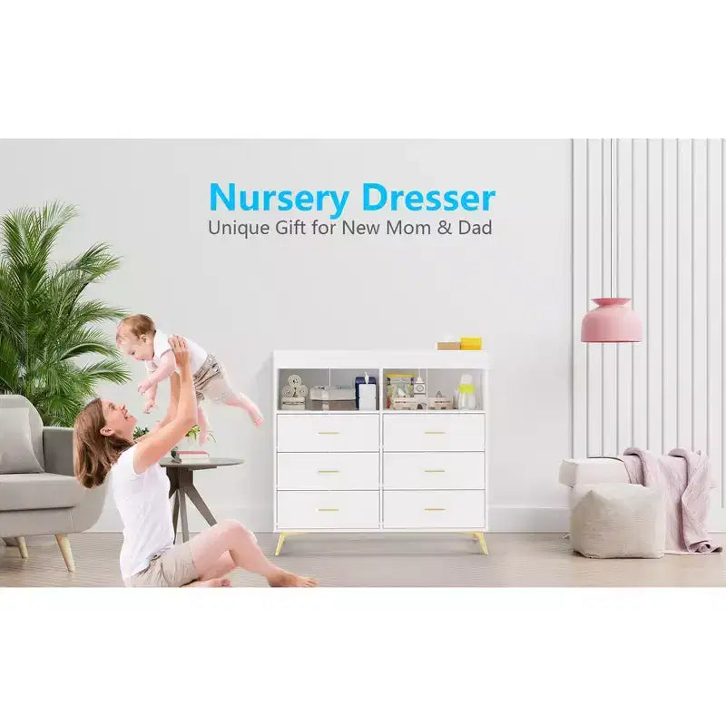 Comò 6 cassetti convertibile per neonati con fasciatoio e materassino  Comò moderno per la cameretta dei neonati per gli articoli essenziali, design tecnologico