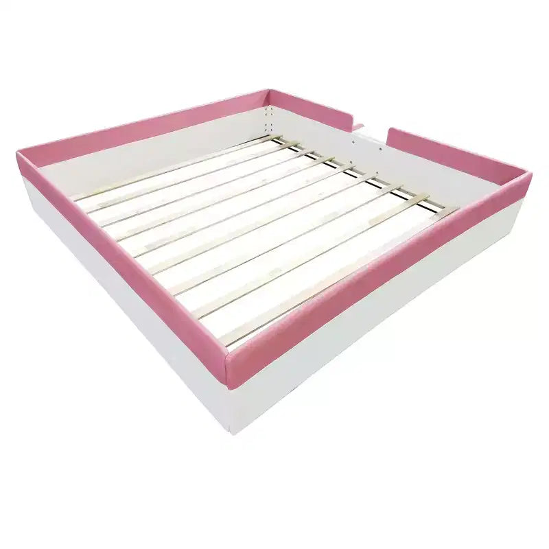 Struttura Divano Letto King Size Rivestito in PU con Recinzione e Scale, Rosa+Bianco