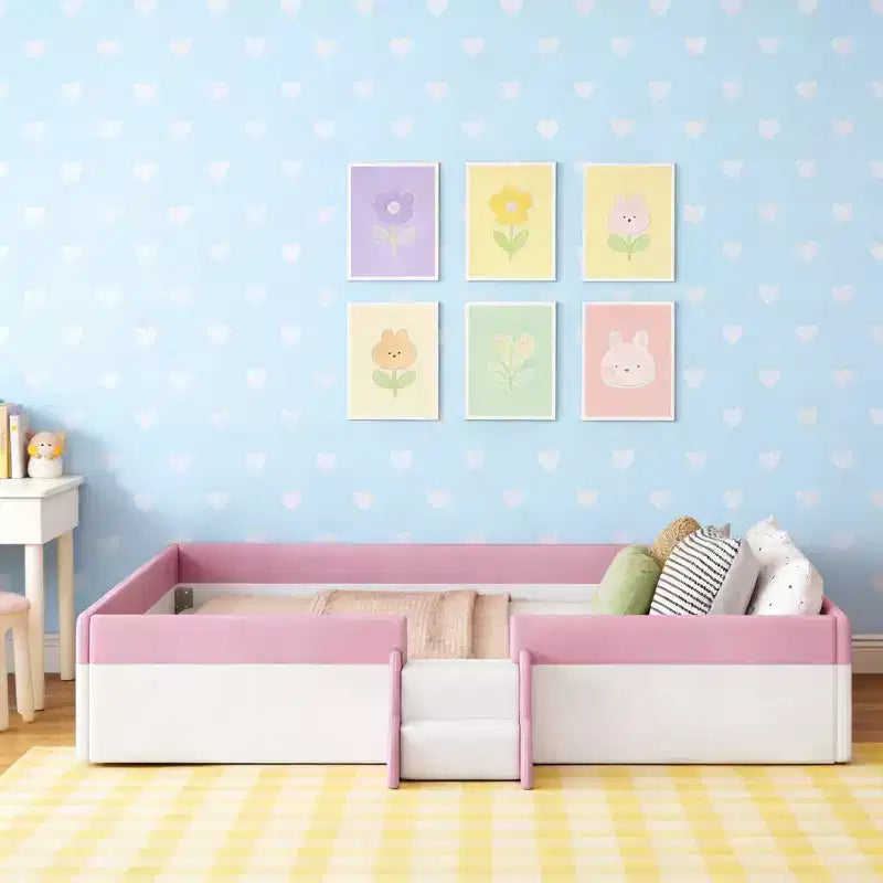 Struttura Divano Letto King Size Rivestito in PU con Recinzione e Scale, Rosa+Bianco