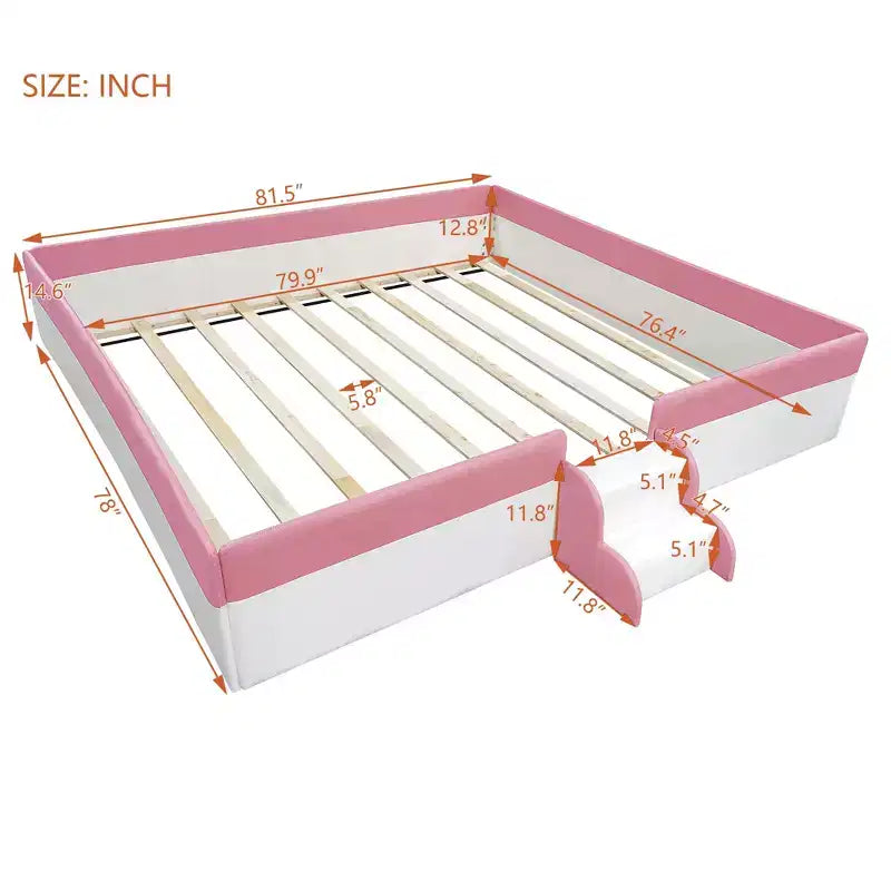 Struttura Divano Letto King Size Rivestito in PU con Recinzione e Scale, Rosa+Bianco
