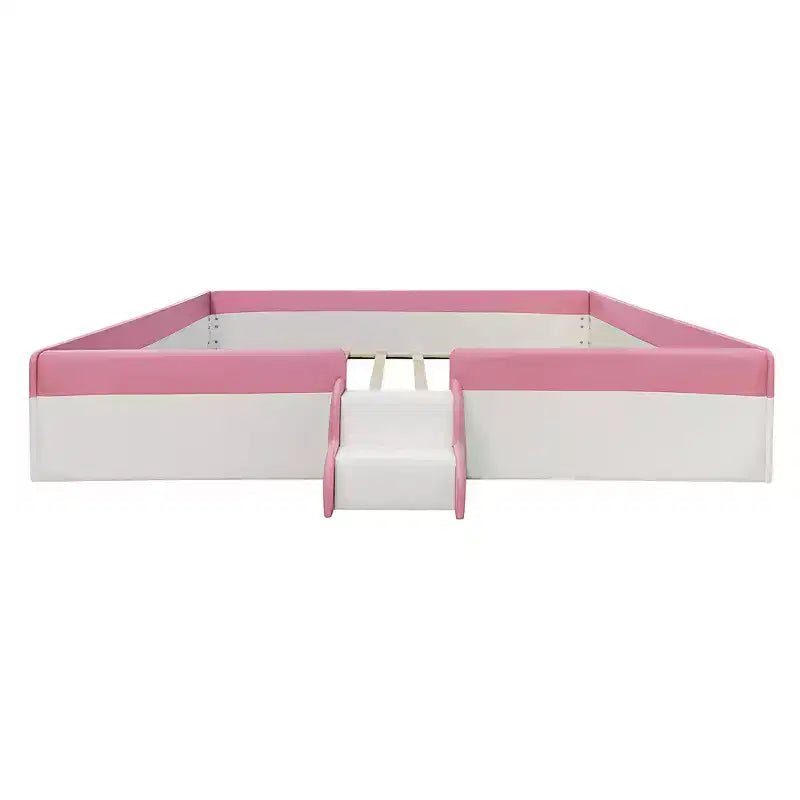 Struttura Divano Letto King Size Rivestito in PU con Recinzione e Scale, Rosa+Bianco