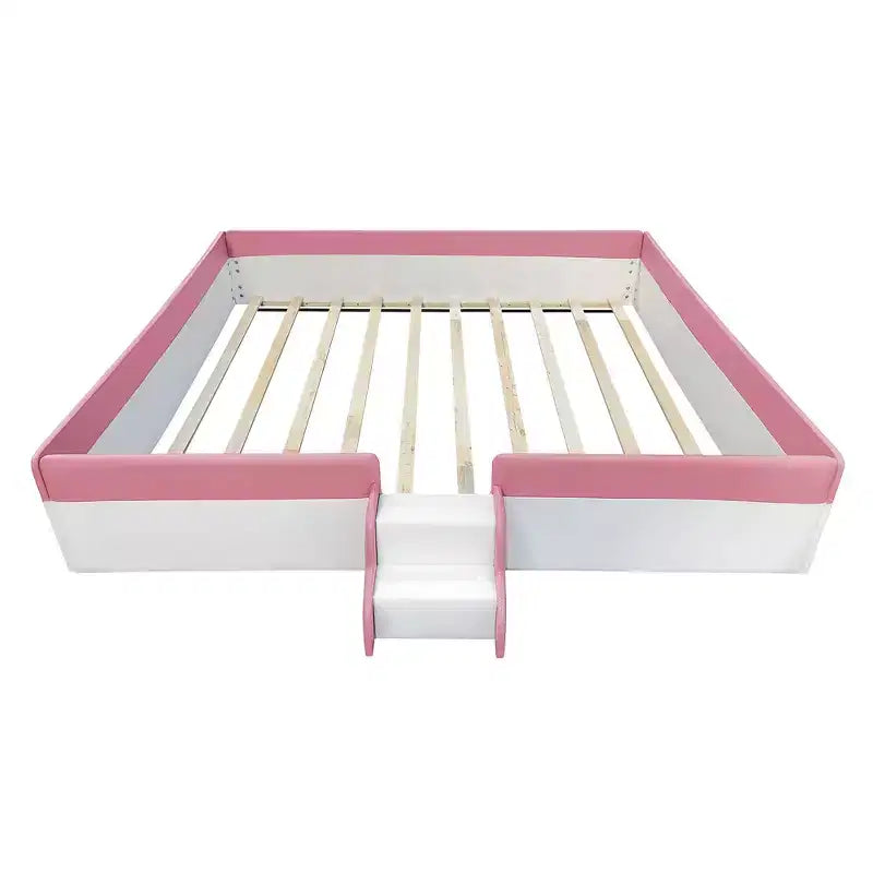 Struttura Divano Letto King Size Rivestito in PU con Recinzione e Scale, Rosa+Bianco