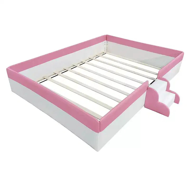 Struttura Divano Letto King Size Rivestito in PU con Recinzione e Scale, Rosa+Bianco
