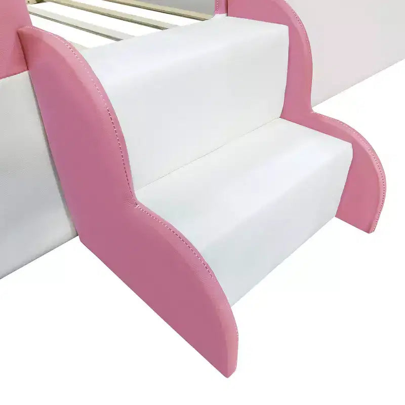 Struttura Divano Letto King Size Rivestito in PU con Recinzione e Scale, Rosa+Bianco