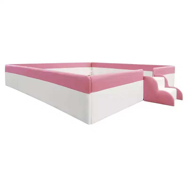 Struttura Divano Letto King Size Rivestito in PU con Recinzione e Scale, Rosa+Bianco