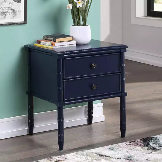 Comodino Ellison Blu Notte: Stile Costiero, 2 Cassetti, Struttura in MDF e Pioppo, 63,5 cm A x 58,4 cm L