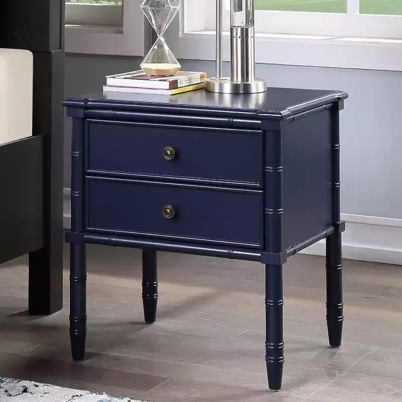 Comodino Ellison Blu Notte: Stile Costiero, 2 Cassetti, Struttura in MDF e Pioppo, 63,5 cm A x 58,4 cm L