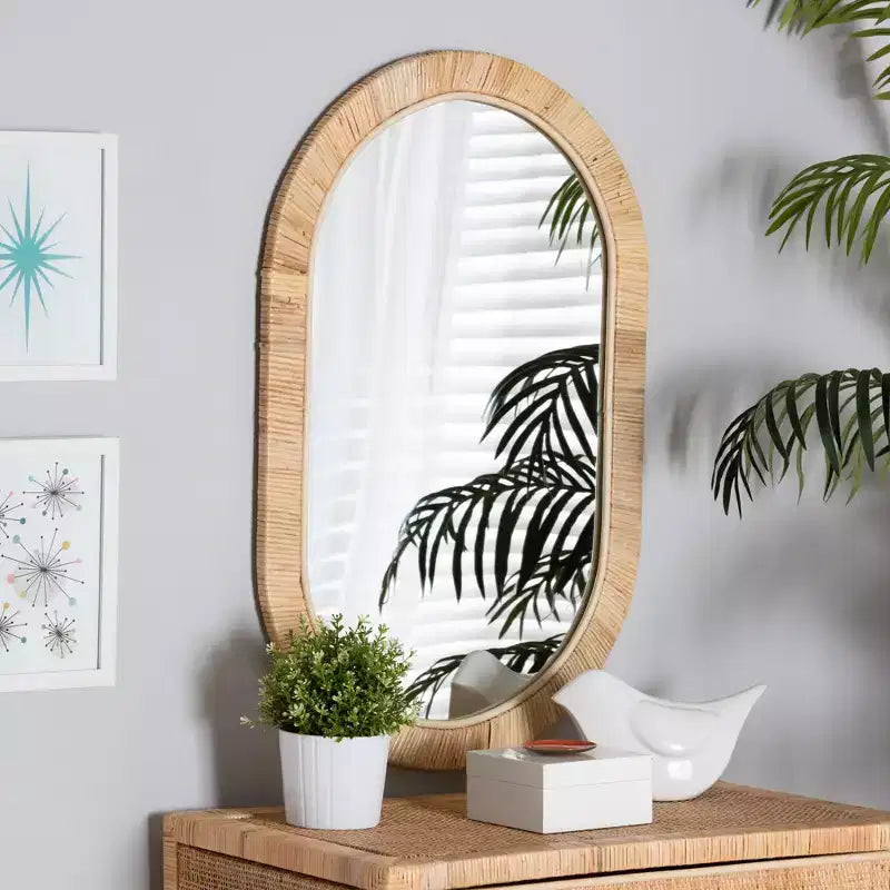 bali & pari Bella Modern Bohemian Natural Brown Mahognay Wood and Natural Rattan Oval Mirror