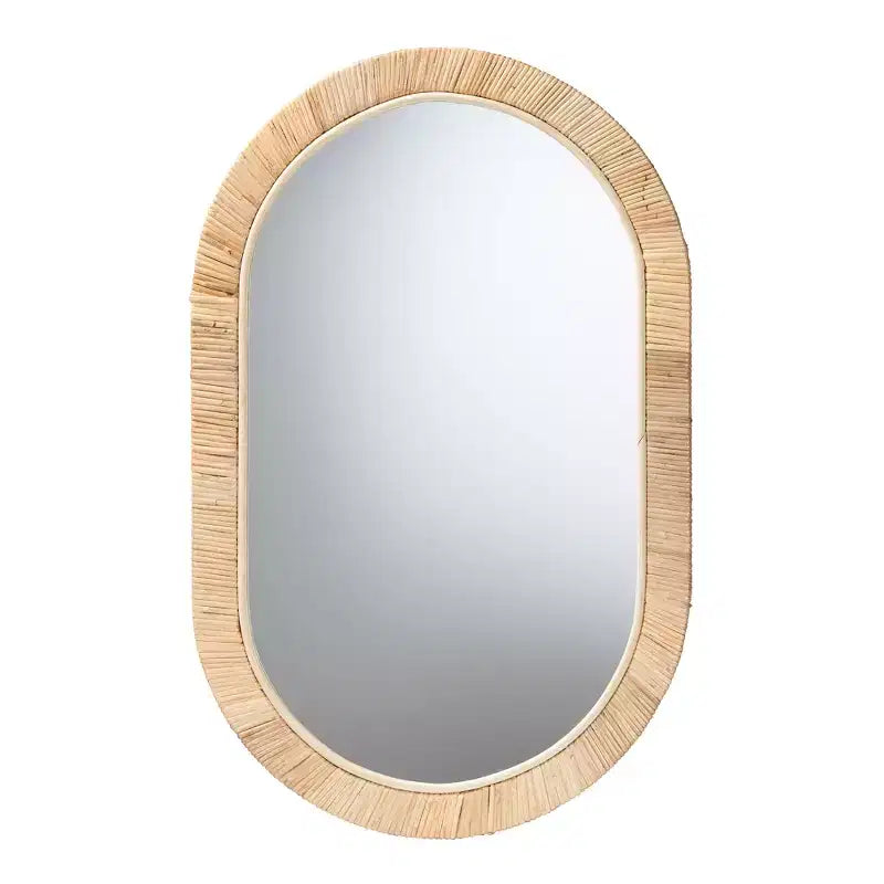 Specchio ovale Bella moderno bohémien in mogano marrone naturale e rattan naturale