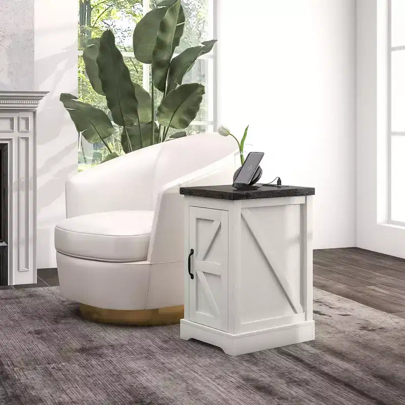 Tavolino da salotto con stazione di ricarica e porte USB, tavolino in stile rustico con armadietto per soggiorno, bianco anticato