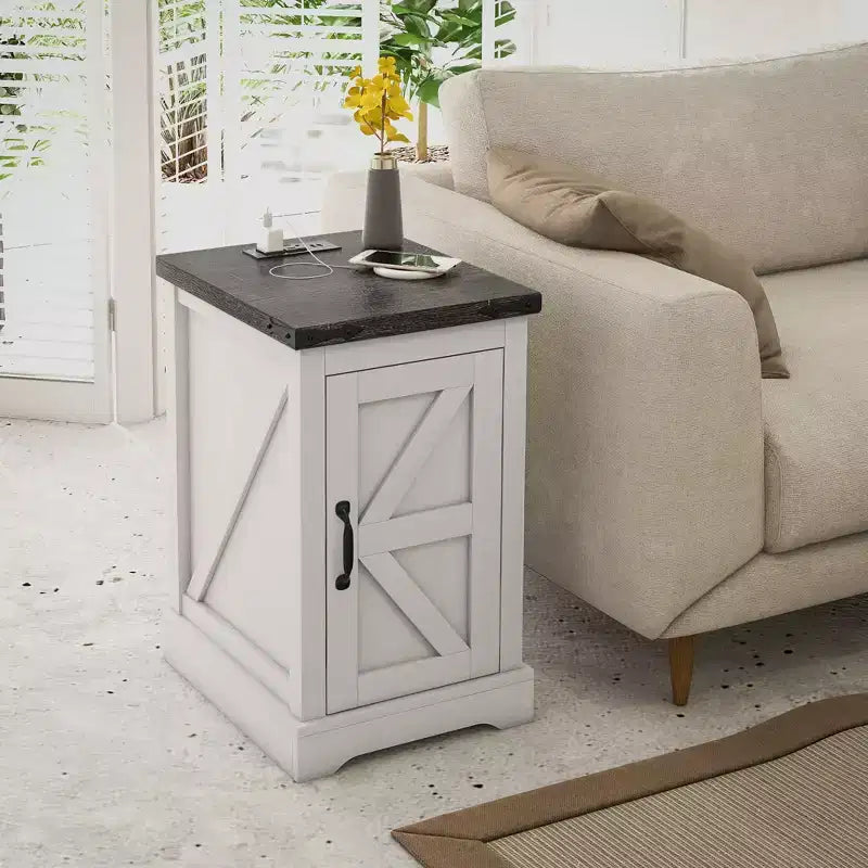 Tavolino da salotto con stazione di ricarica e porte USB, tavolino in stile rustico con armadietto per soggiorno, bianco anticato