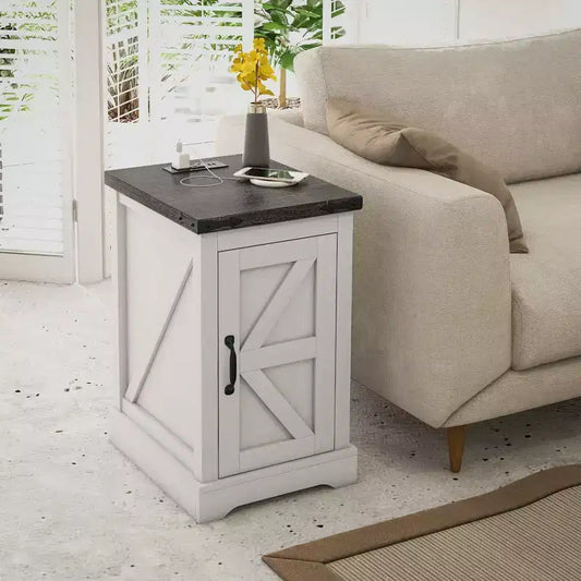 Tavolino da salotto con stazione di ricarica e porte USB, tavolino in stile rustico con armadietto per soggiorno, bianco anticato