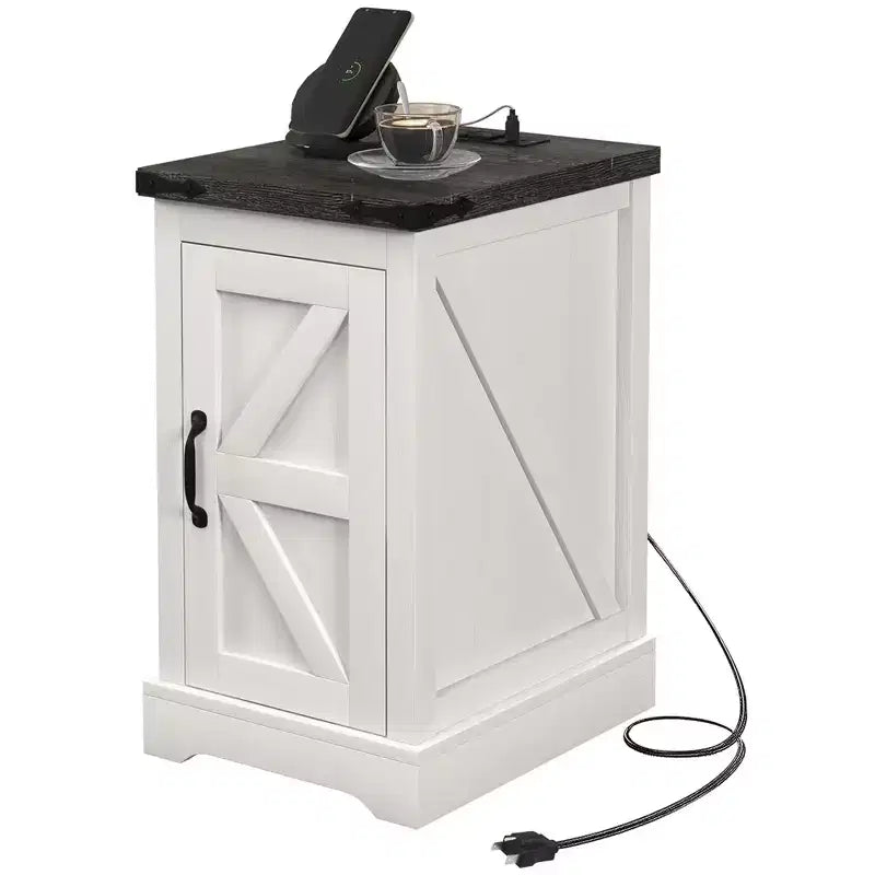 Tavolino da salotto con stazione di ricarica e porte USB, tavolino in stile rustico con armadietto per soggiorno, bianco anticato